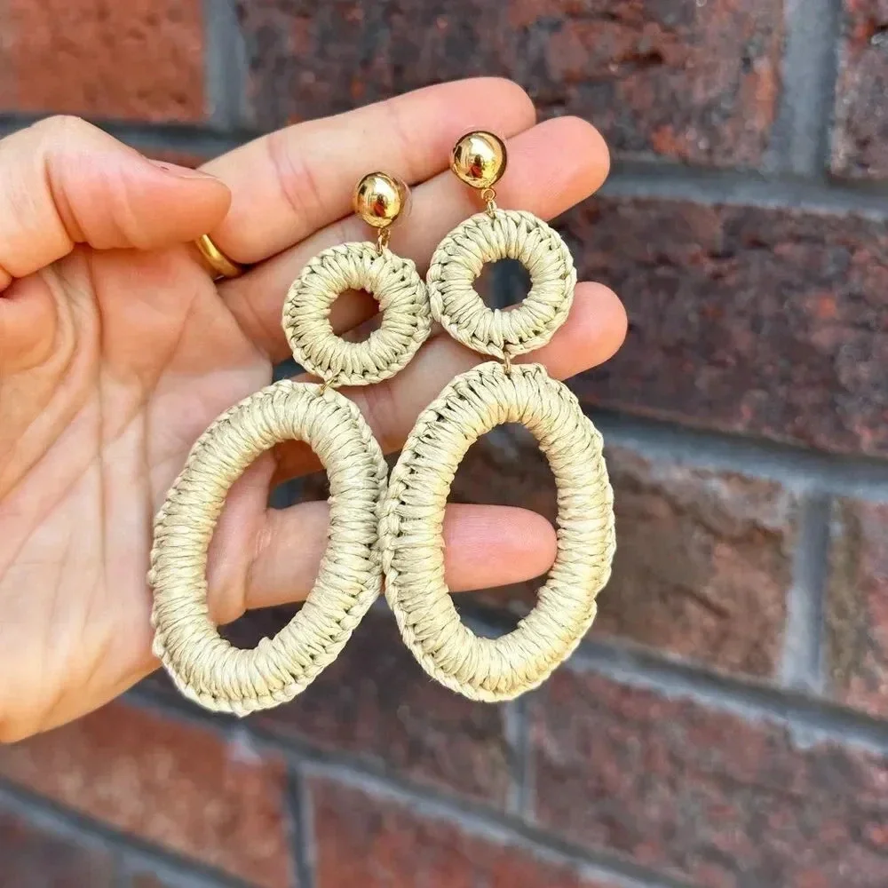 Summer Trendy Bohemian Rattan Oval Earrings